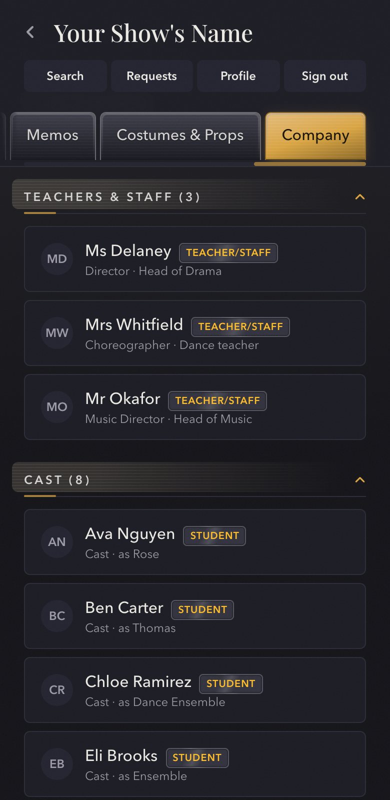 A school's Company tab on a phone — the teachers and staff, then the cast
