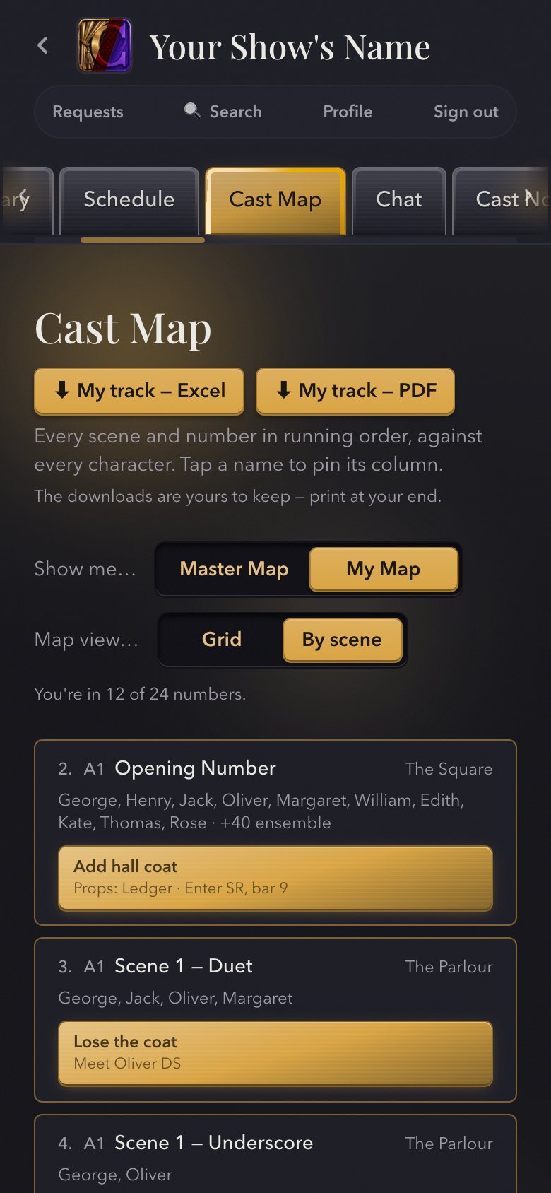 My Map on a phone — you are in 12 of 24 numbers, each with your costume and prop lines, and your track as Excel or PDF