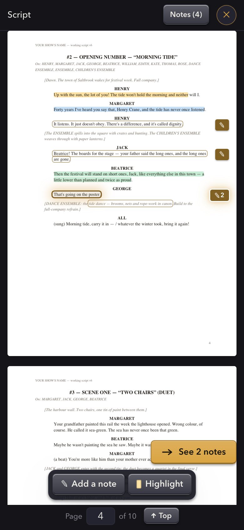 My script & score on a phone — the same marks, in your pocket