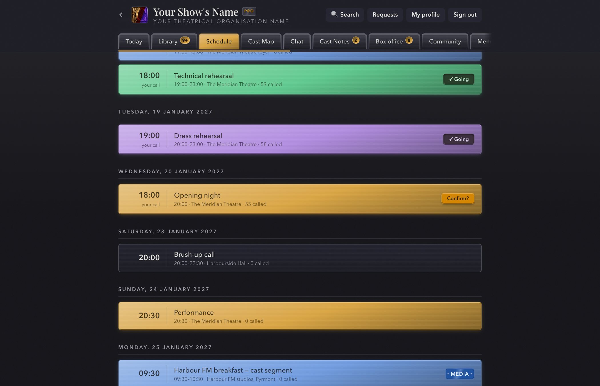 The schedule, colour-coded by kind of call