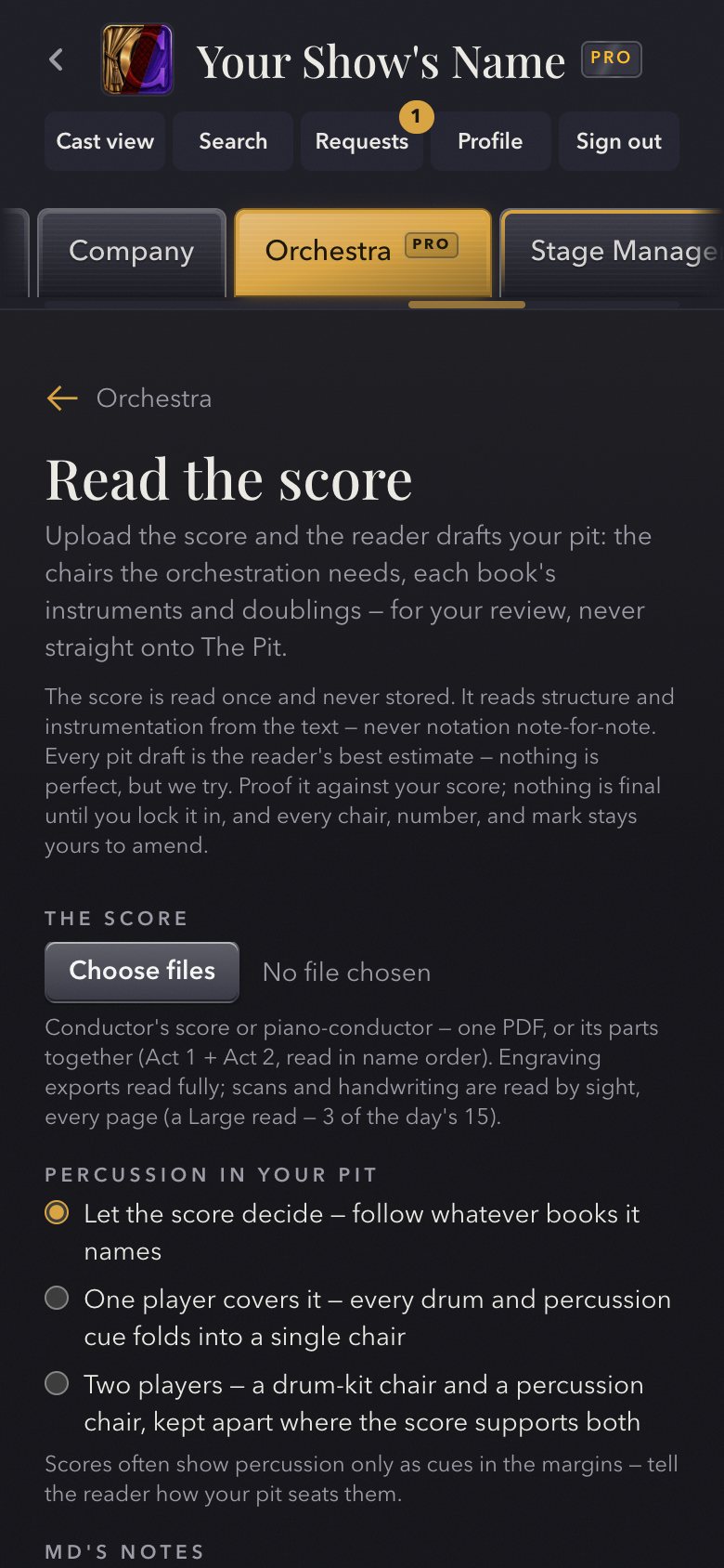 Read the score — the reader asks about percussion before it drafts the pit