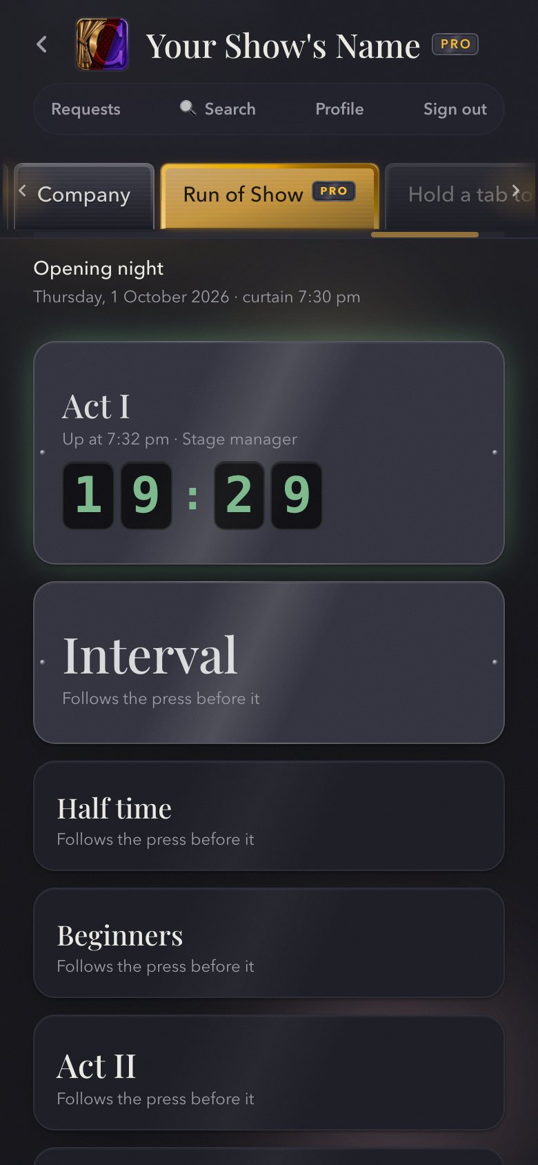 Run of Show on a phone — the act running, the next call counting down